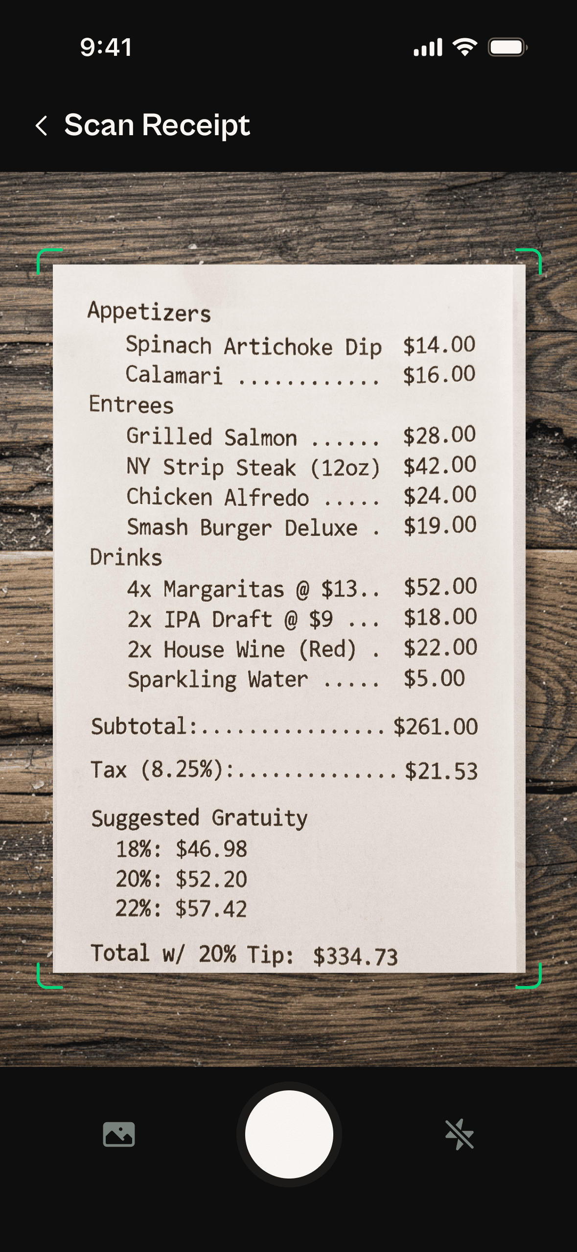 Tabby scan screen showing a receipt being captured